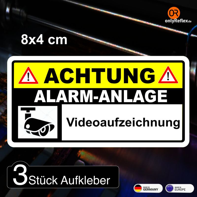 Alarmanlage  Videoaufzeichnung  - Aufkleber (3 Stück 8 x 4 cm)