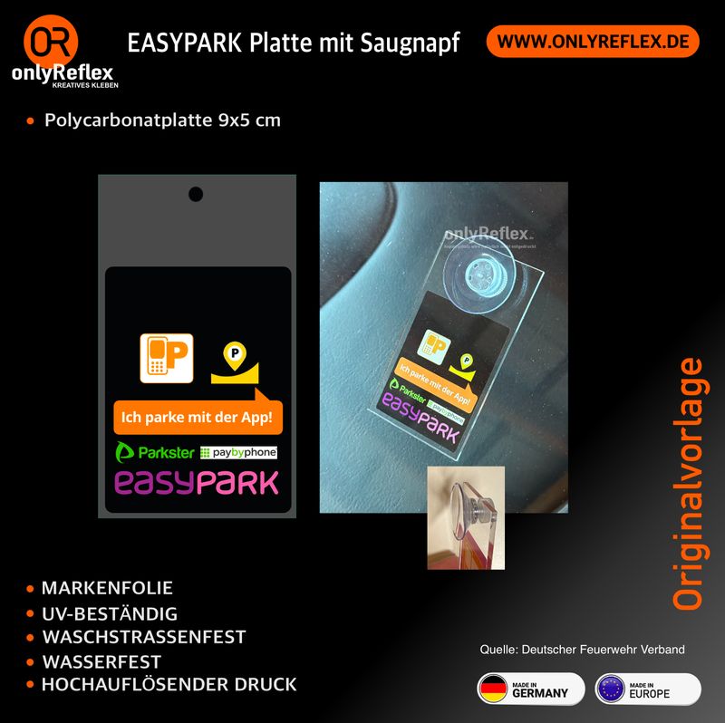 Parken mit App - easypark Parkster paybyphone yellowbrick usw. Schild mit Saugnapf 9x5 cm Parken mit App - easypark Parkster paybyphone yellowbrick usw. Schild mit Saugnapf 9x5 cm