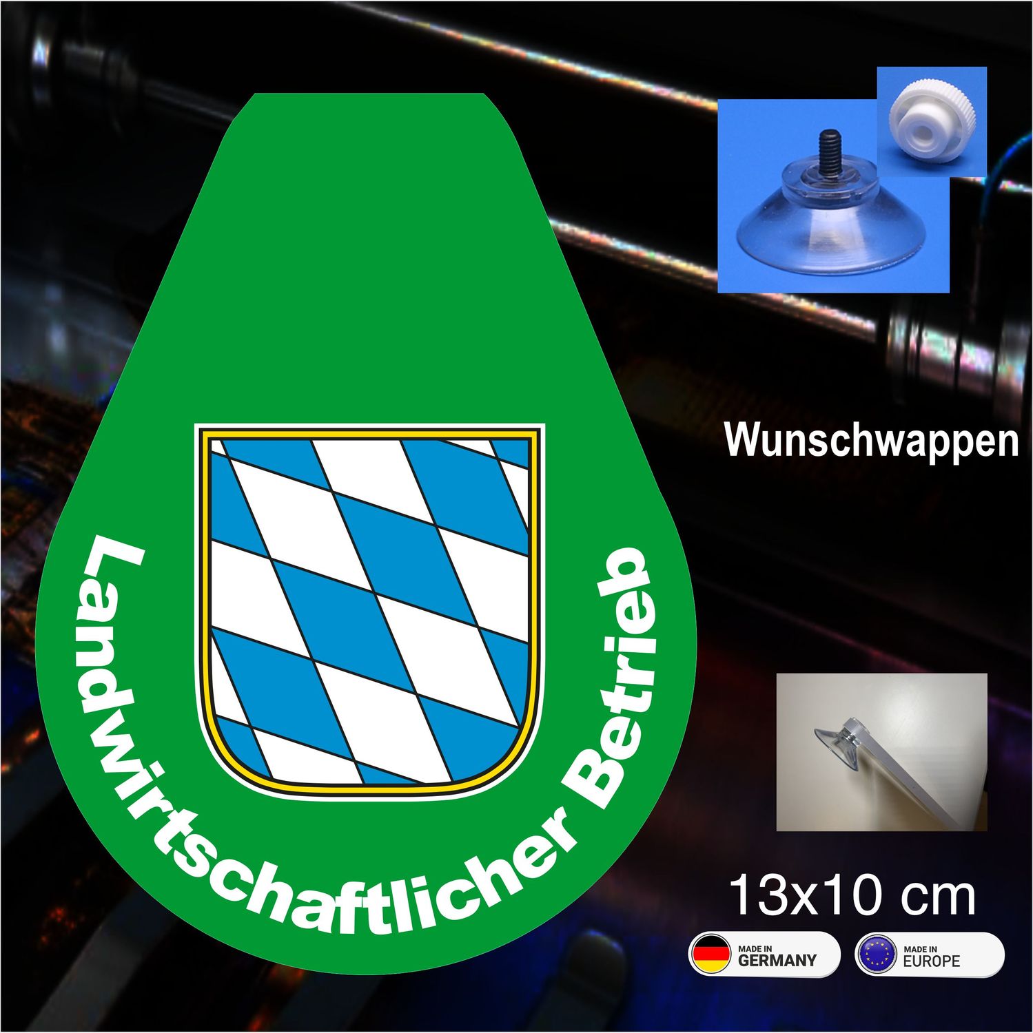 Landwirtschaftlicher Betrieb  Schild mit Wunschwappen - 13x10 cm mit Saugnapf