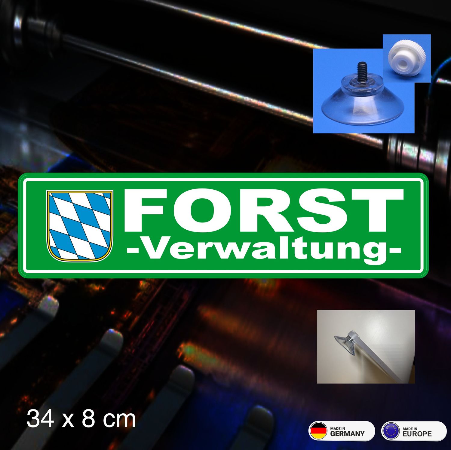 Forst  Schild mit Wunschwappen - 34x8 cm mit Saugnapf