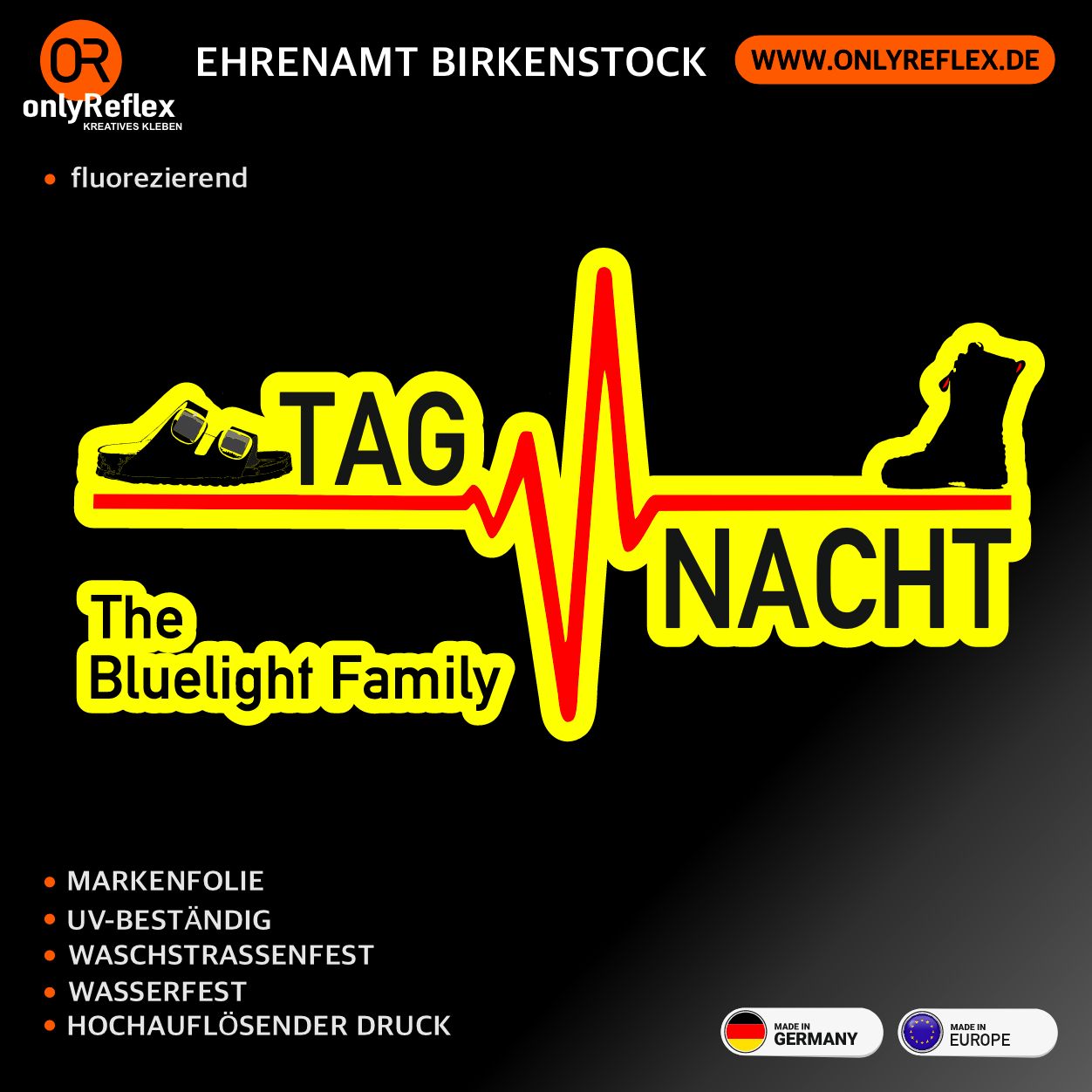Herzschlag Ehrenamt Tag/Nacht Birkenstock-Stiefel - neongelber Aufkleber Herzschlag Ehrenamt Tag/Nacht Birkenstock-Stiefel - neongelber Aufkleber
