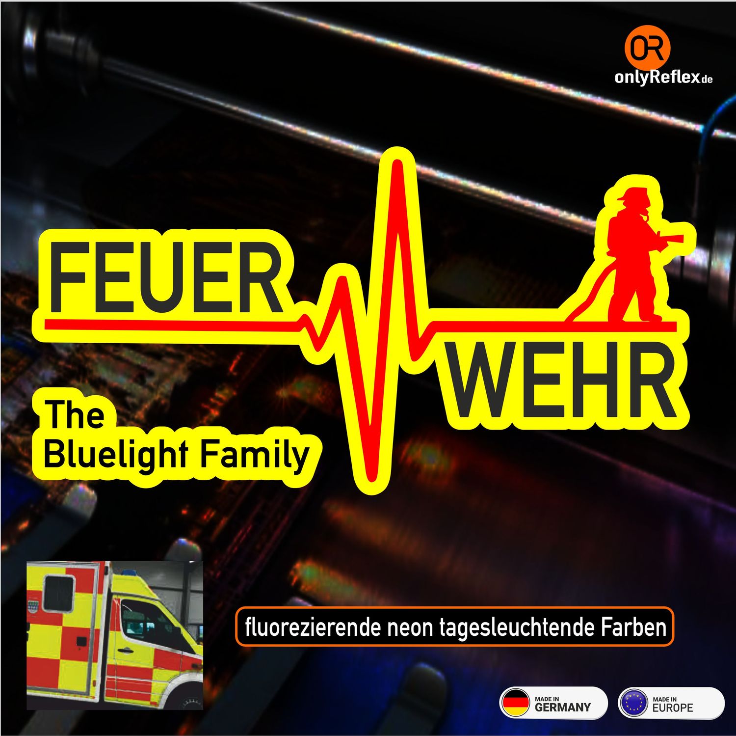 Herzschlag Feuerwehr - neongelber Aufkleber