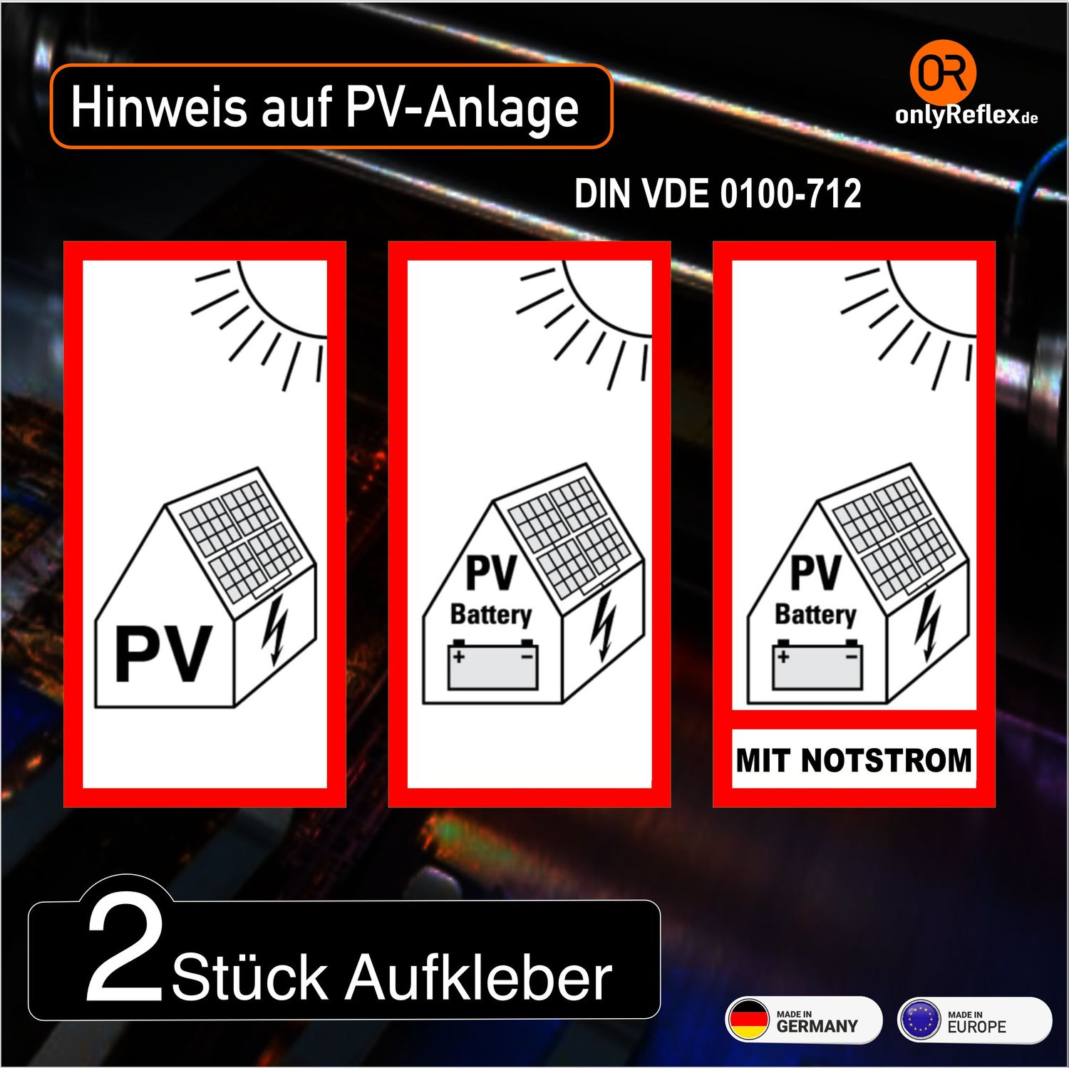 Hinweis auf Photovoltaik  - 2 Stück Aufkleber - DIN VDE 0100-712