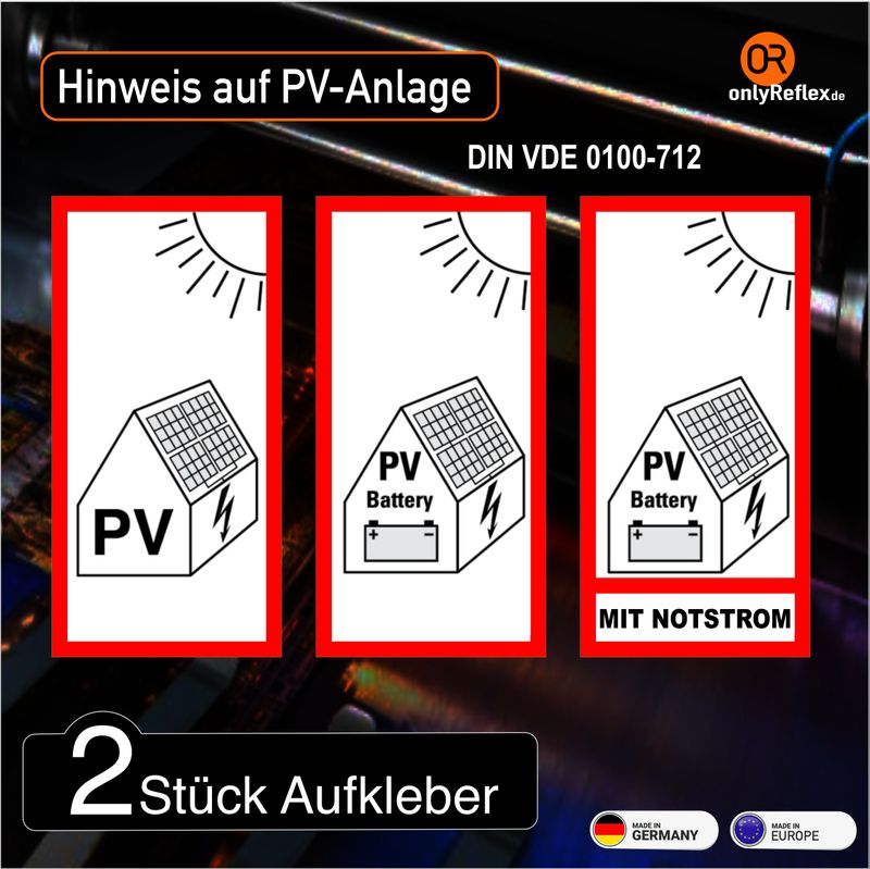 Hinweis auf Photovoltaik - 2 Stück Aufkleber - DIN VDE 0100-712 Hinweis auf Photovoltaik - 2 Stück Aufkleber - DIN VDE 0100-712