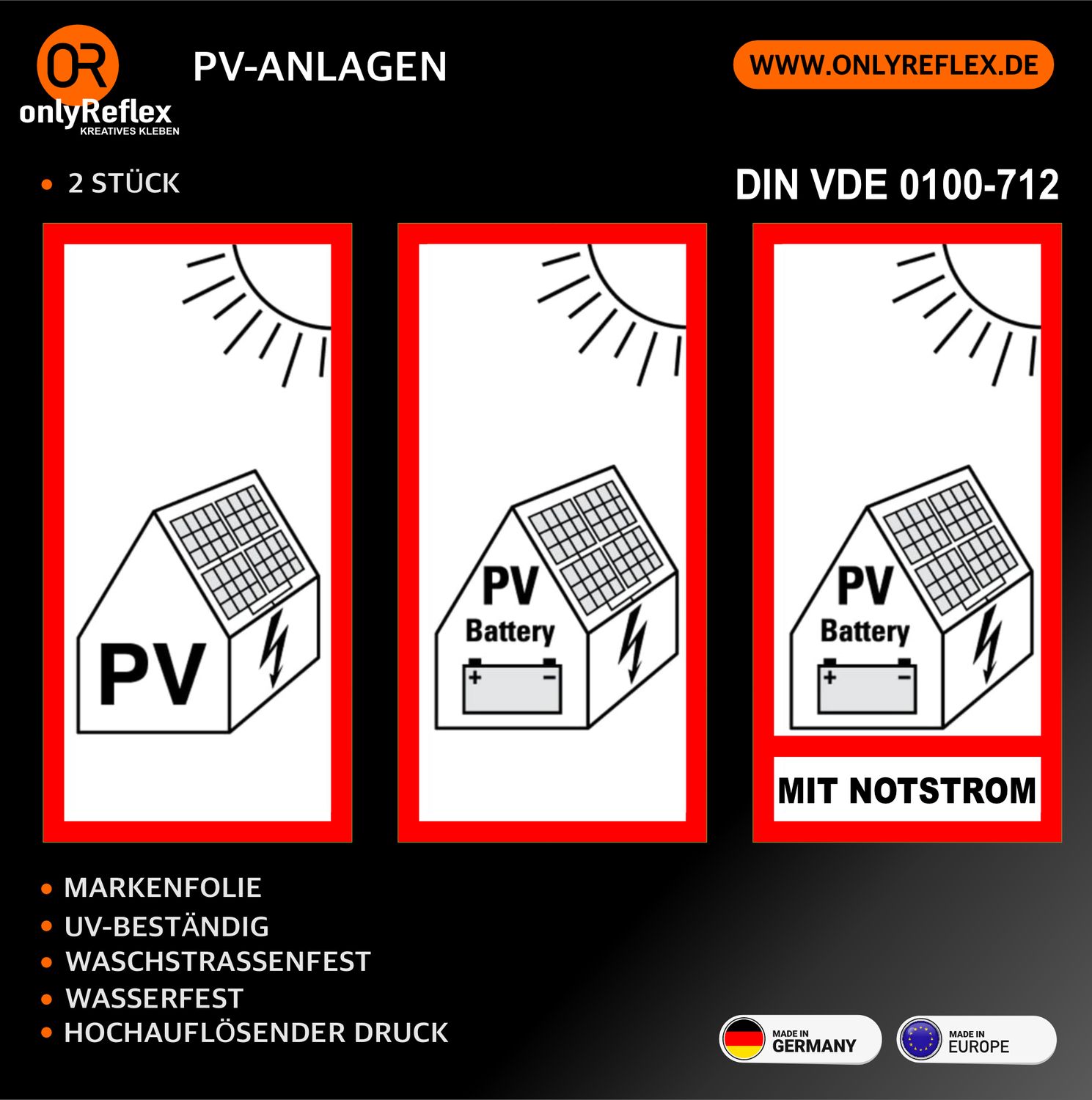 Hinweis auf Photovoltaik - 2 Stück Aufkleber - DIN VDE 0100-712 Hinweis auf Photovoltaik - 2 Stück Aufkleber - DIN VDE 0100-712
