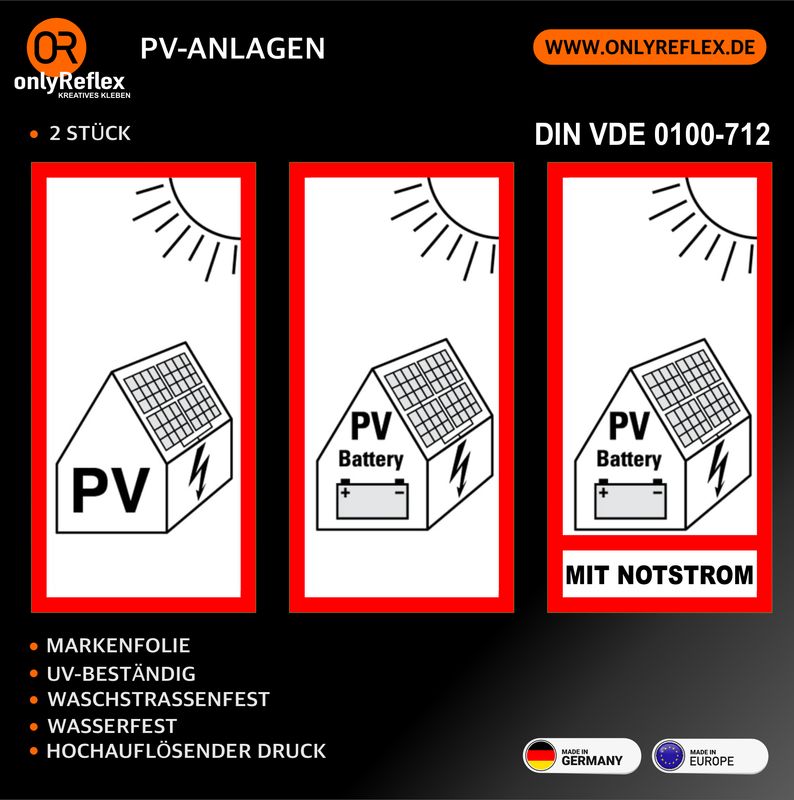 Hinweis auf Photovoltaik - 2 Stück Aufkleber - DIN VDE 0100-712 Hinweis auf Photovoltaik - 2 Stück Aufkleber - DIN VDE 0100-712