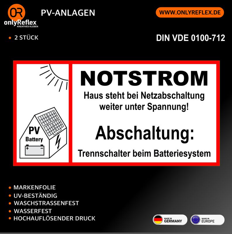 Hinweis auf Photovoltaik Abschaltung - 2 Stück Aufkleber - DIN VDE 0100-712 Hinweis auf Photovoltaik Abschaltung - 2 Stück Aufkleber - DIN VDE 0100-712