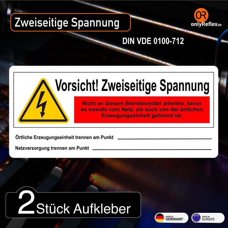 Vorsicht! Zweiseitige Spannung - 2 Stück Aufkleber - DIN VDE 0100-712 Vorsicht! Zweiseitige Spannung - 2 Stück Aufkleber - DIN VDE 0100-712