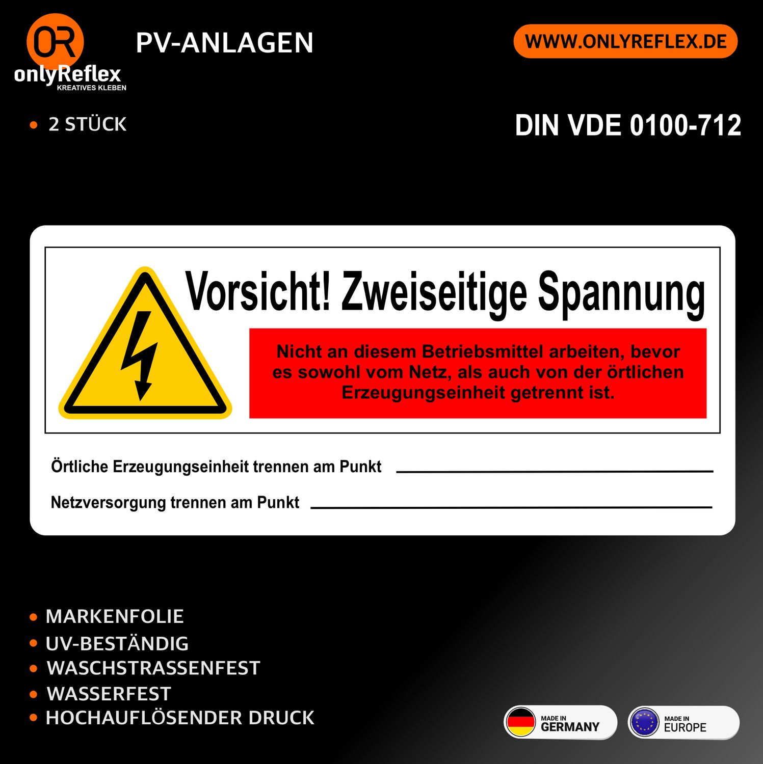 Vorsicht! Zweiseitige Spannung - 2 Stück Aufkleber - DIN VDE 0100-712 Vorsicht! Zweiseitige Spannung - 2 Stück Aufkleber - DIN VDE 0100-712
