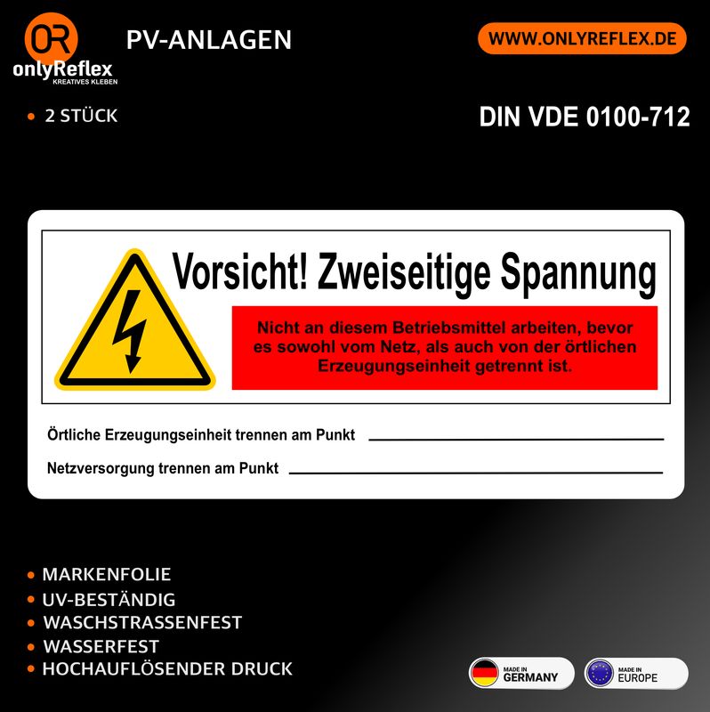Vorsicht! Zweiseitige Spannung - 2 Stück Aufkleber - DIN VDE 0100-712 Vorsicht! Zweiseitige Spannung - 2 Stück Aufkleber - DIN VDE 0100-712