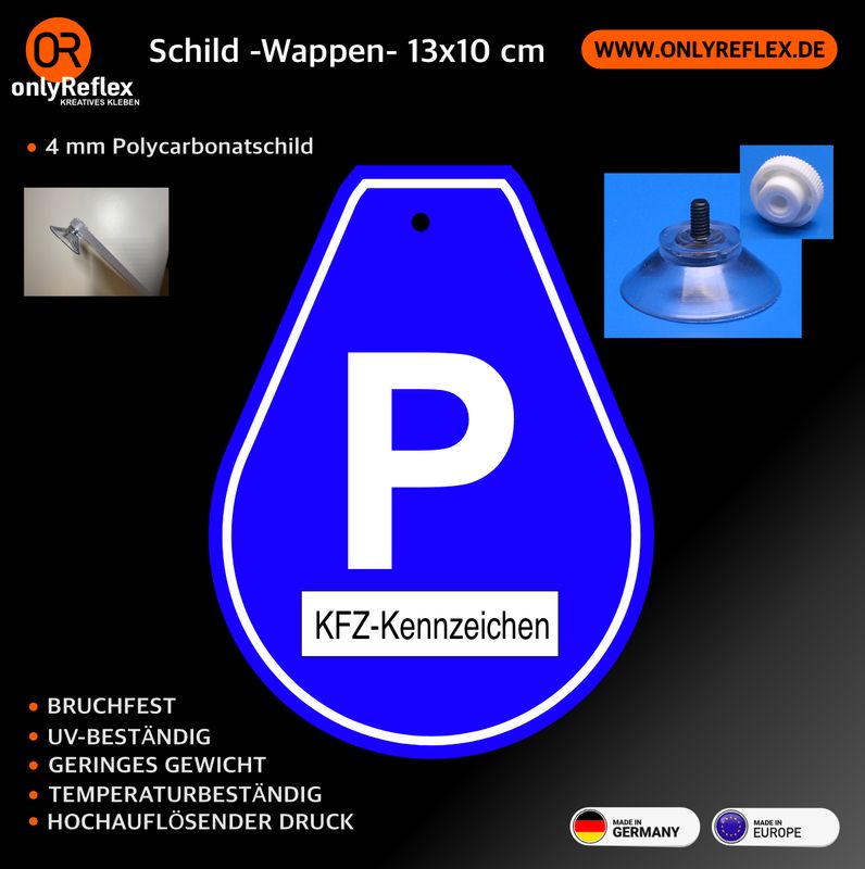 Parkplatz Parken Wappen, Schild mit Saugnapf Parkplatz Parken Wappen, Schild mit Saugnapf