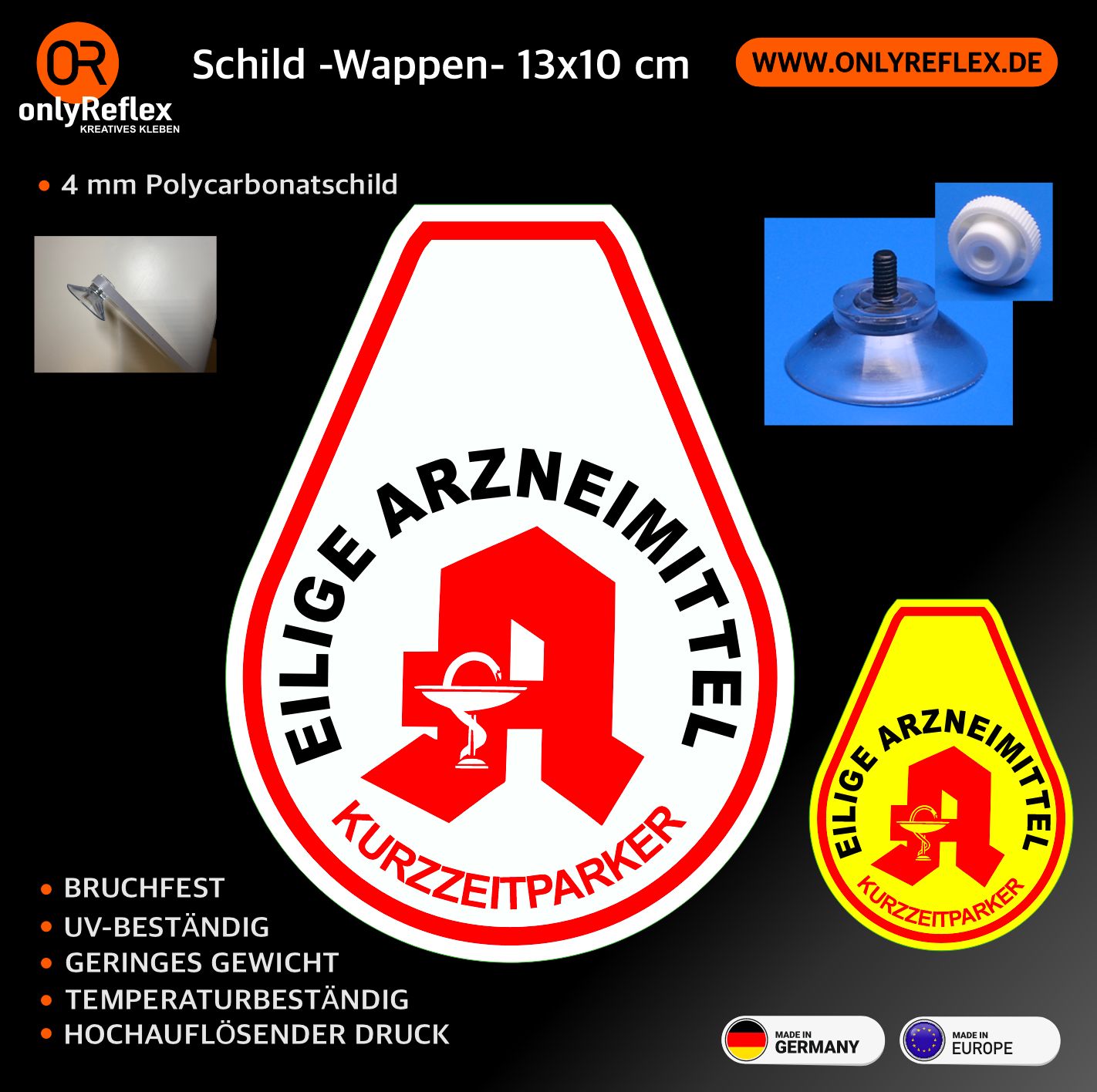 Eilige Arzneimittel , Schild mit Saugnapf, 13x10 cm Eilige Arzneimittel , Schild mit Saugnapf, 13x10 cm