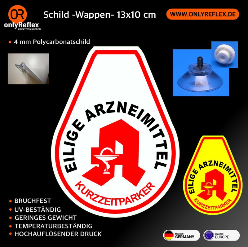 Eilige Arzneimittel , Schild mit Saugnapf, 13x10 cm Eilige Arzneimittel , Schild mit Saugnapf, 13x10 cm