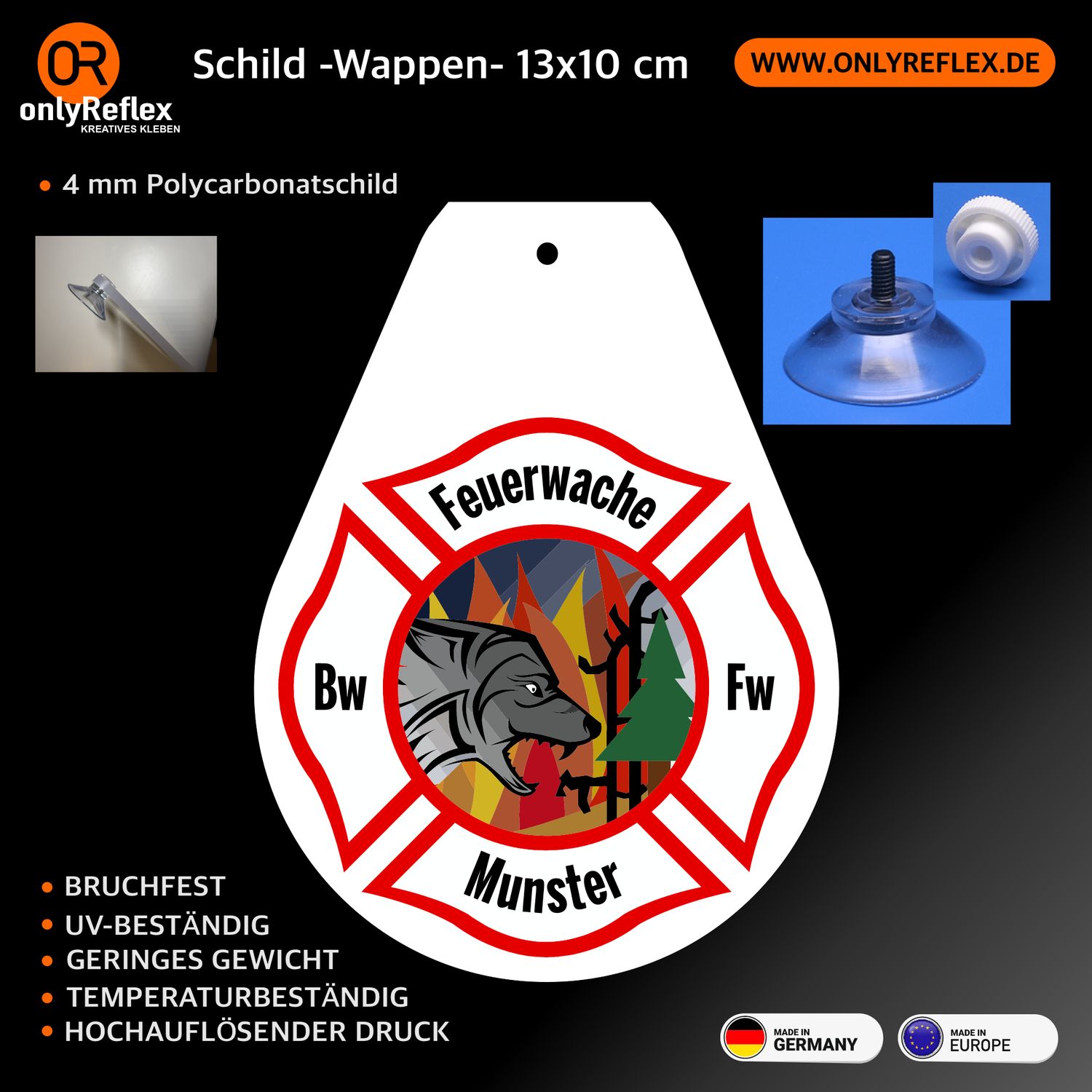 Feuerwehr Munster, Schild mit Saugnapf Feuerwehr Munster, Schild mit Saugnapf