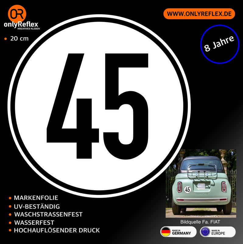 45 km/h Aufkleber nach StVZO § 58 - Fahrzeugklasse L6e (Leichtkraftfahrzeuge) Topolino, Rocks, Ami 45 km/h Aufkleber nach StVZO § 58 - Fahrzeugklasse L6e (Leichtkraftfahrzeuge) Topolino, Rocks, Ami