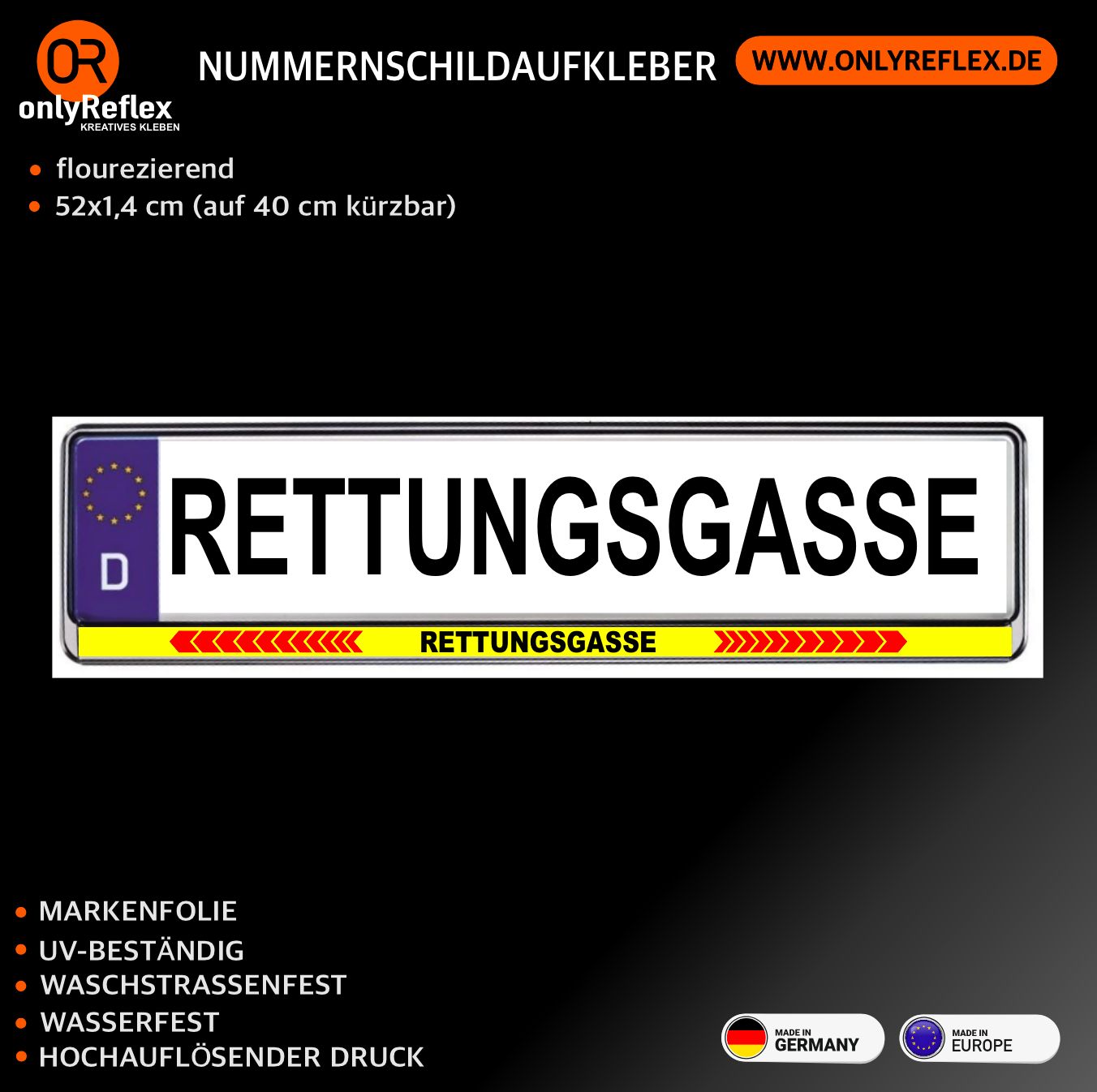 Rettungsgasse Nummernschild, gelb fluoreszierender Aufkleber (VE 2 Stück) Rettungsgasse Nummernschild, gelb fluoreszierender Aufkleber (VE 2 Stück)