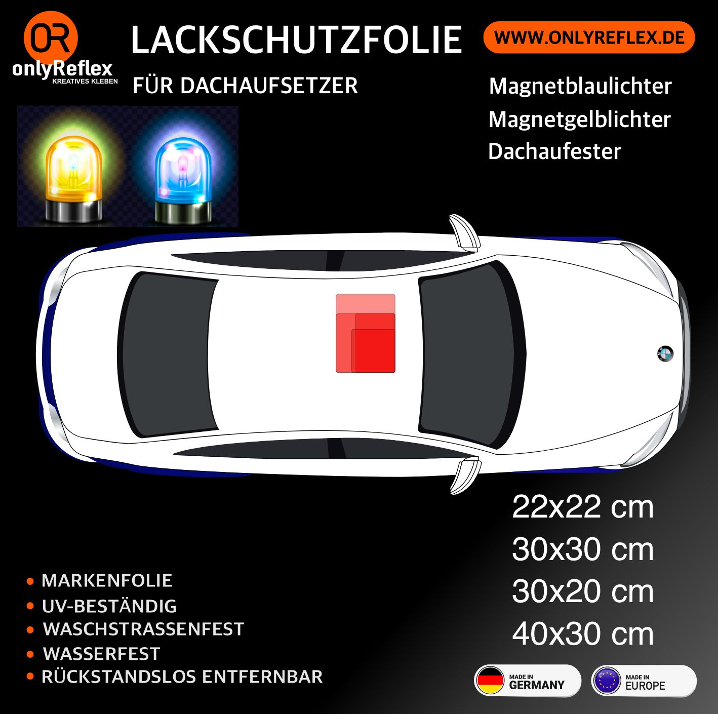 Lackschutzfolie für Dachaufständer - Blaulicht Gelblicht Lackschutzfolie für Dachaufständer - Blaulicht Gelblicht