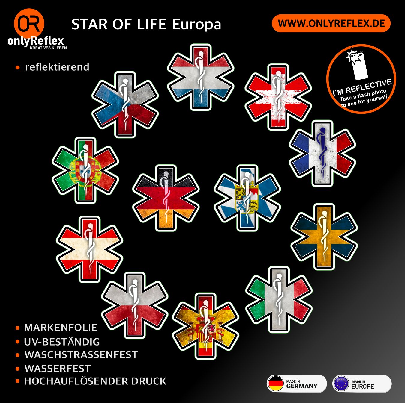 Star of Life - Flaggen der Länder Europas, Aufkleber 10 cm