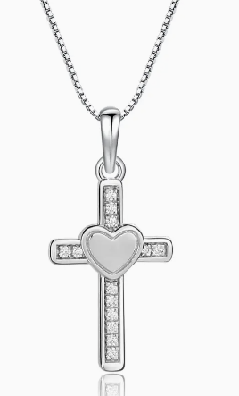 Cherished Moments - Communion Heart Cross Necklace 14&quot;