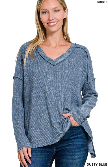 Ribbed Hacci V Neck