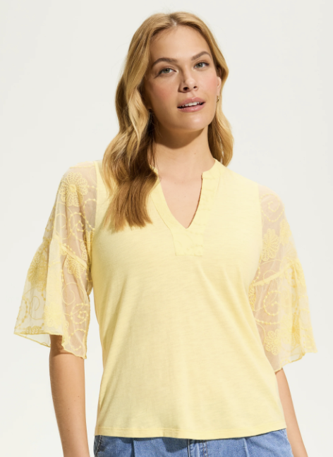 Yellow Mesh Bell Sleeve Top