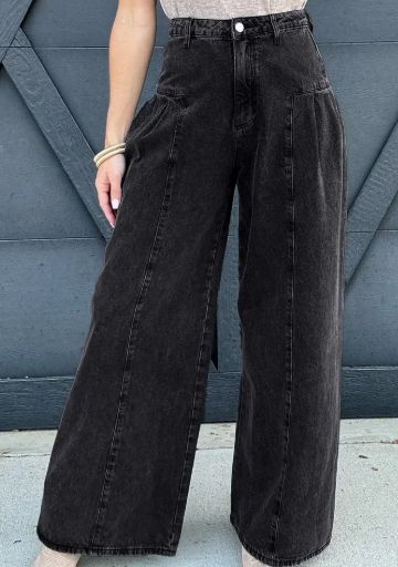 Pleated Wide Leg Denim