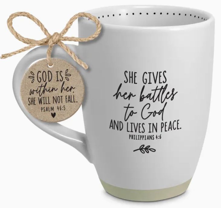 She Gives Battles to God Mug