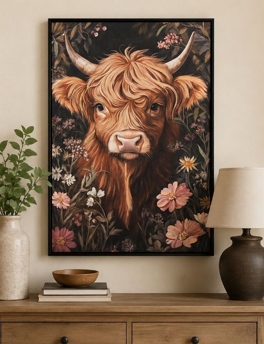 Floral Highland Cow Framed Canvas