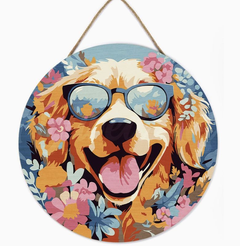 Figured'Art Wood Slice - Fantasy Dog and Flowers