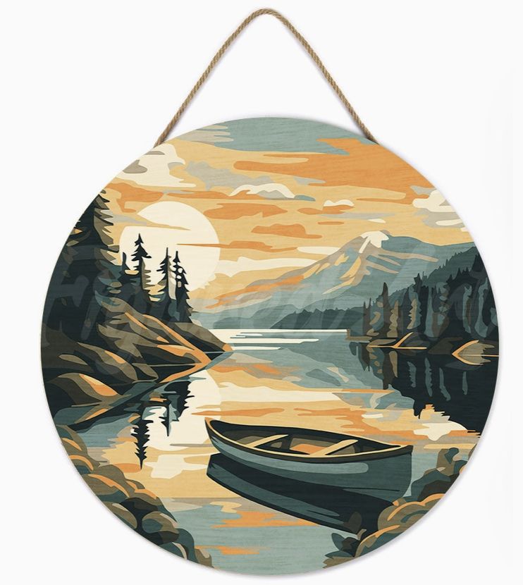 Figured'Art Wood Slice - Mountain Lake with Canoe
