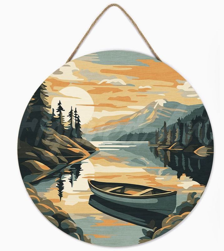 Figured'Art Wood Slice - Mountain Lake with Canoe