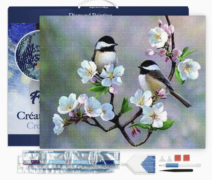 Figured'Art 16x20 Framed - Small Birds and White Flowers
