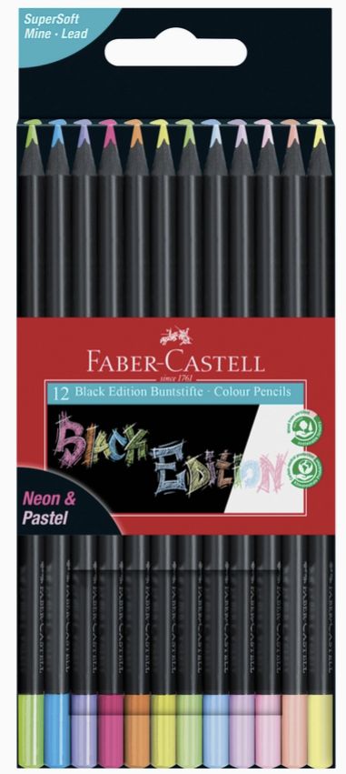 Faber-Castell Super Soft Black Edition Color Pencils Neon &amp; Pastel 12pc