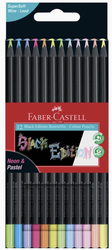 Faber-Castell Super Soft Black Edition Color Pencils Neon &amp; Pastel 12pc