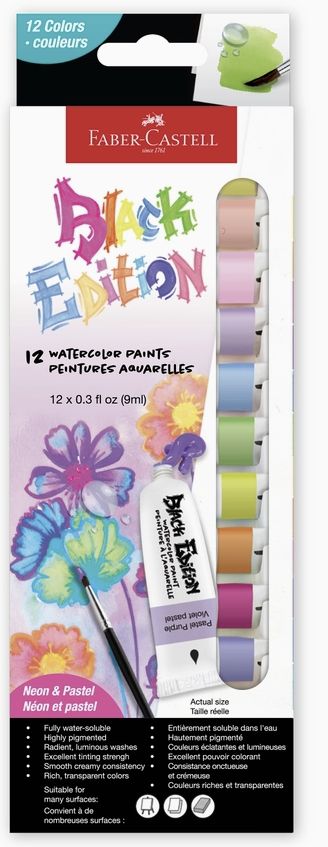 Faber-Castell Black Edition Watercolor Tubes 12pk Neon &amp; Pastel Colors
