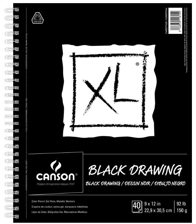 Canson XL Black Drawing Coil 92lb 9x12" 40Sheet
