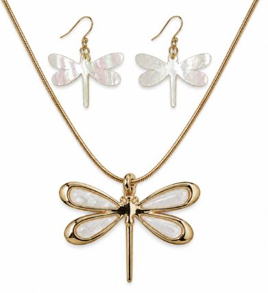 White Dragonfly Necklace and Earring Set