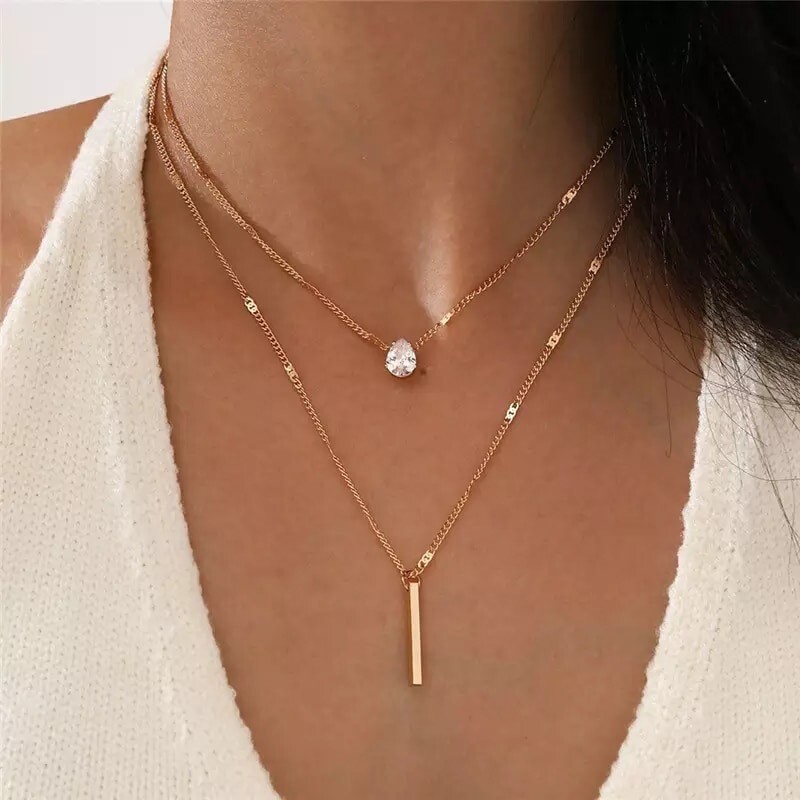 Simple Crystal Geometric Gold Pendant Necklace Female Vintage Jewelry