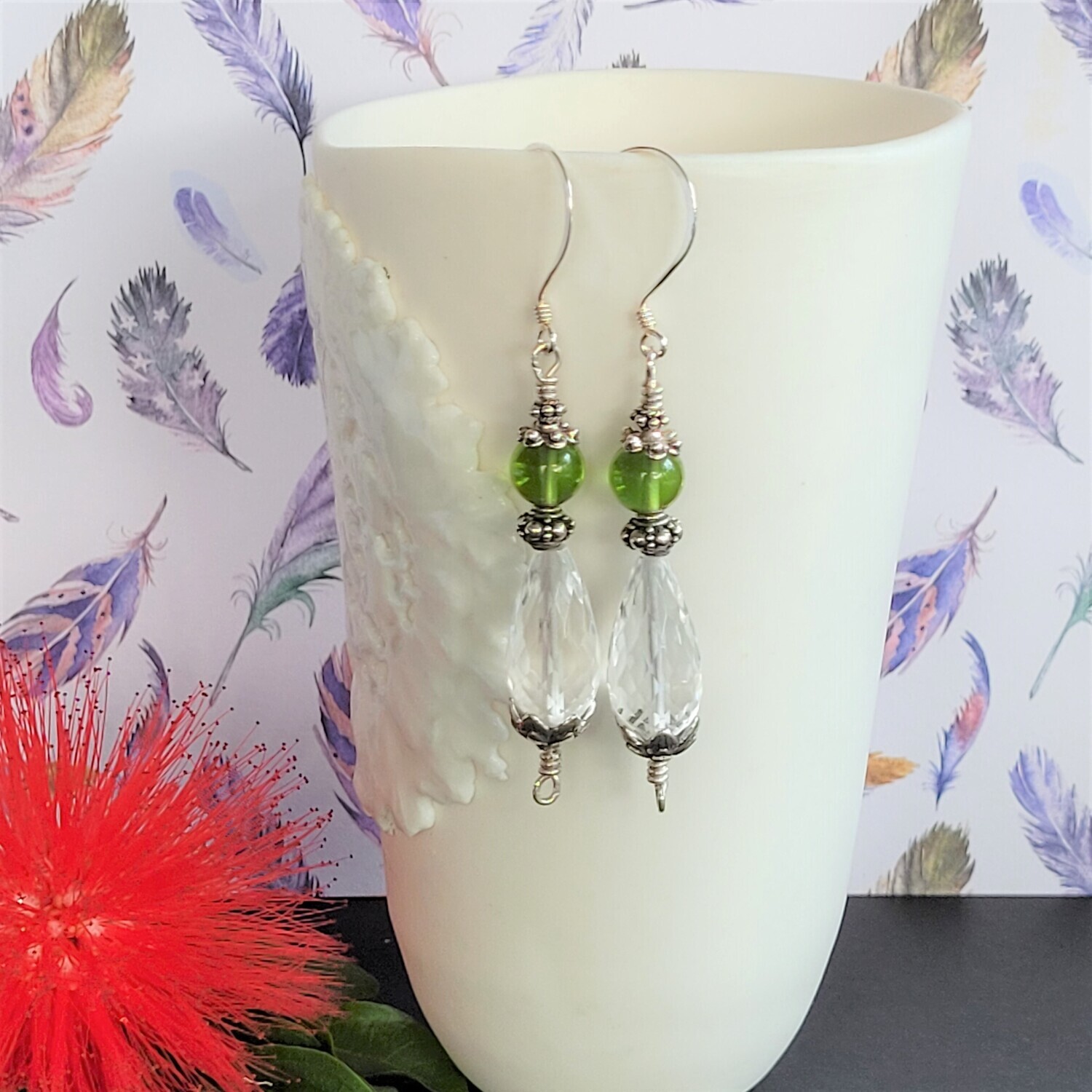 Peridot and Clear Quartz Sterling Silver Earrings