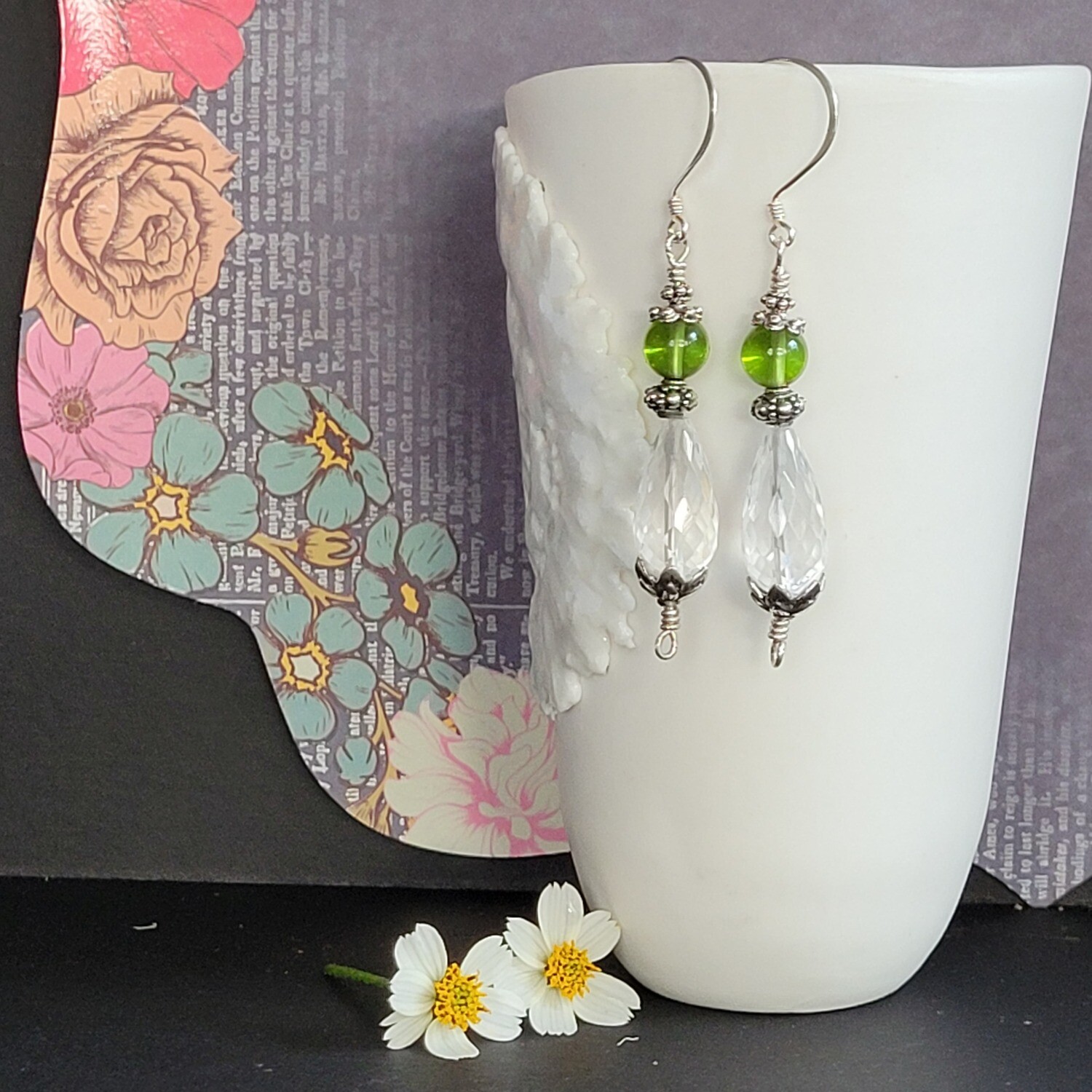 Peridot and Clear Quartz Sterling Silver Earrings