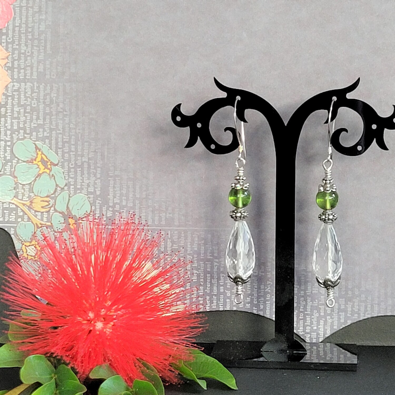 Peridot and Clear Quartz Sterling Silver Earrings