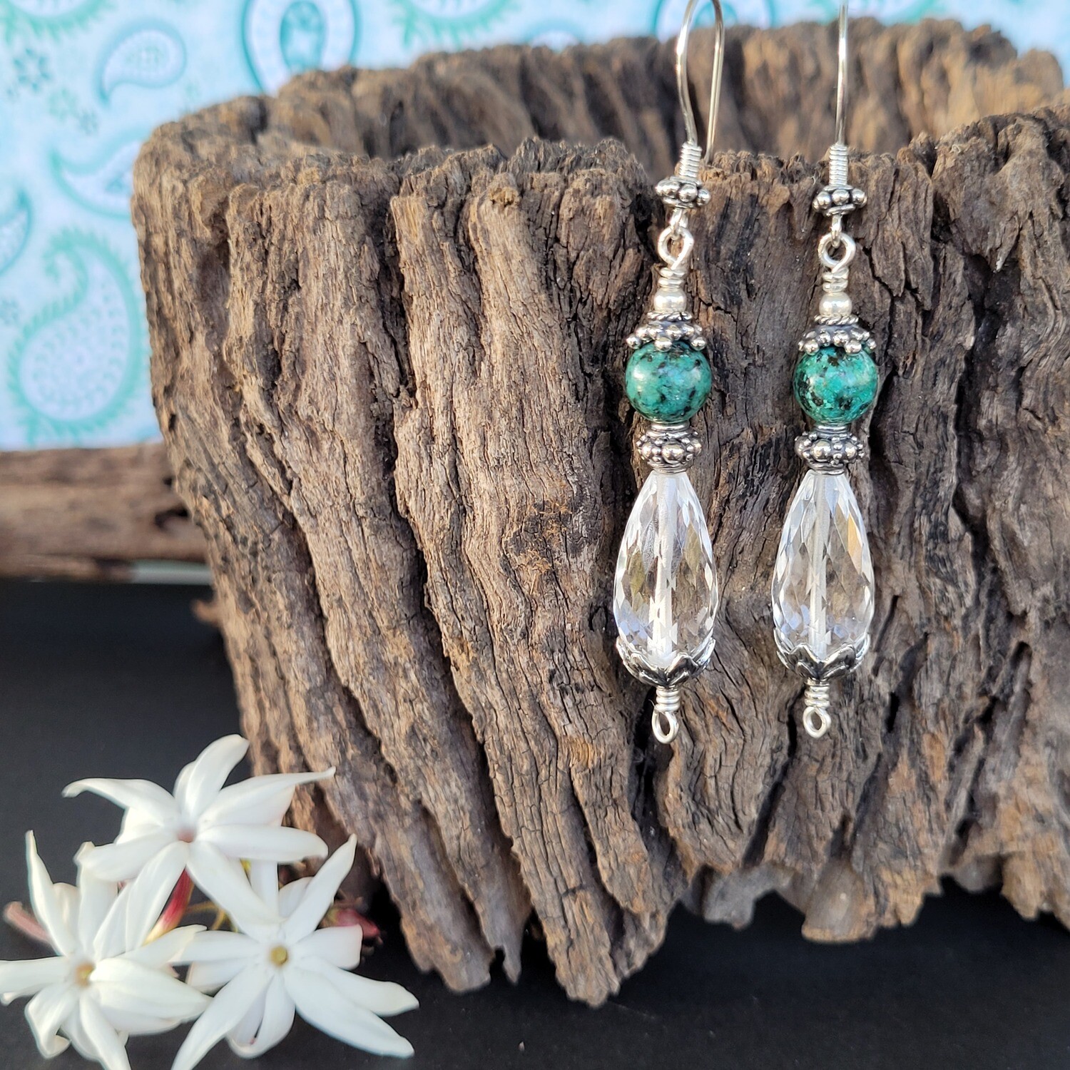 African Turquoise and Clear Quartz Earrings