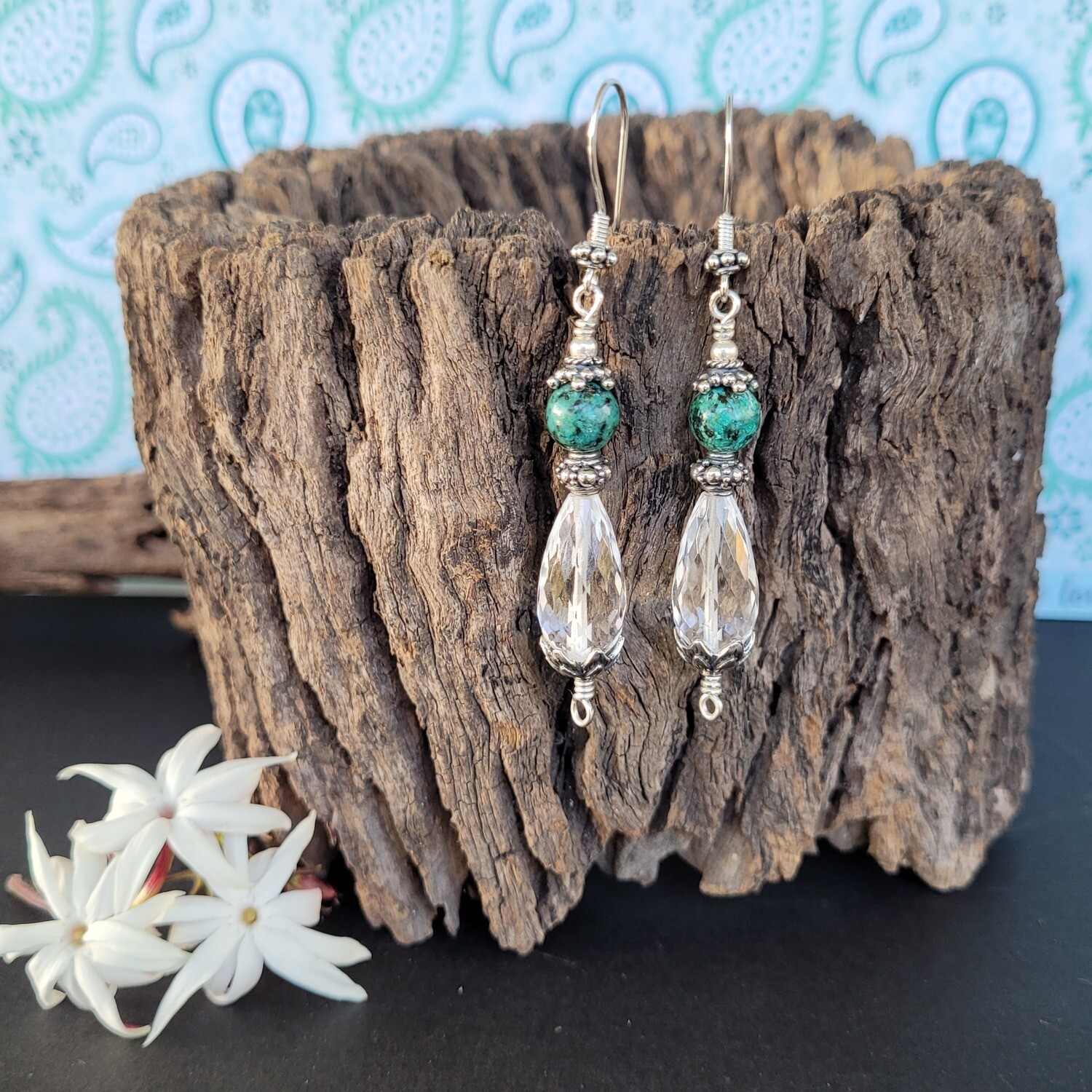 African Turquoise and Clear Quartz Earrings