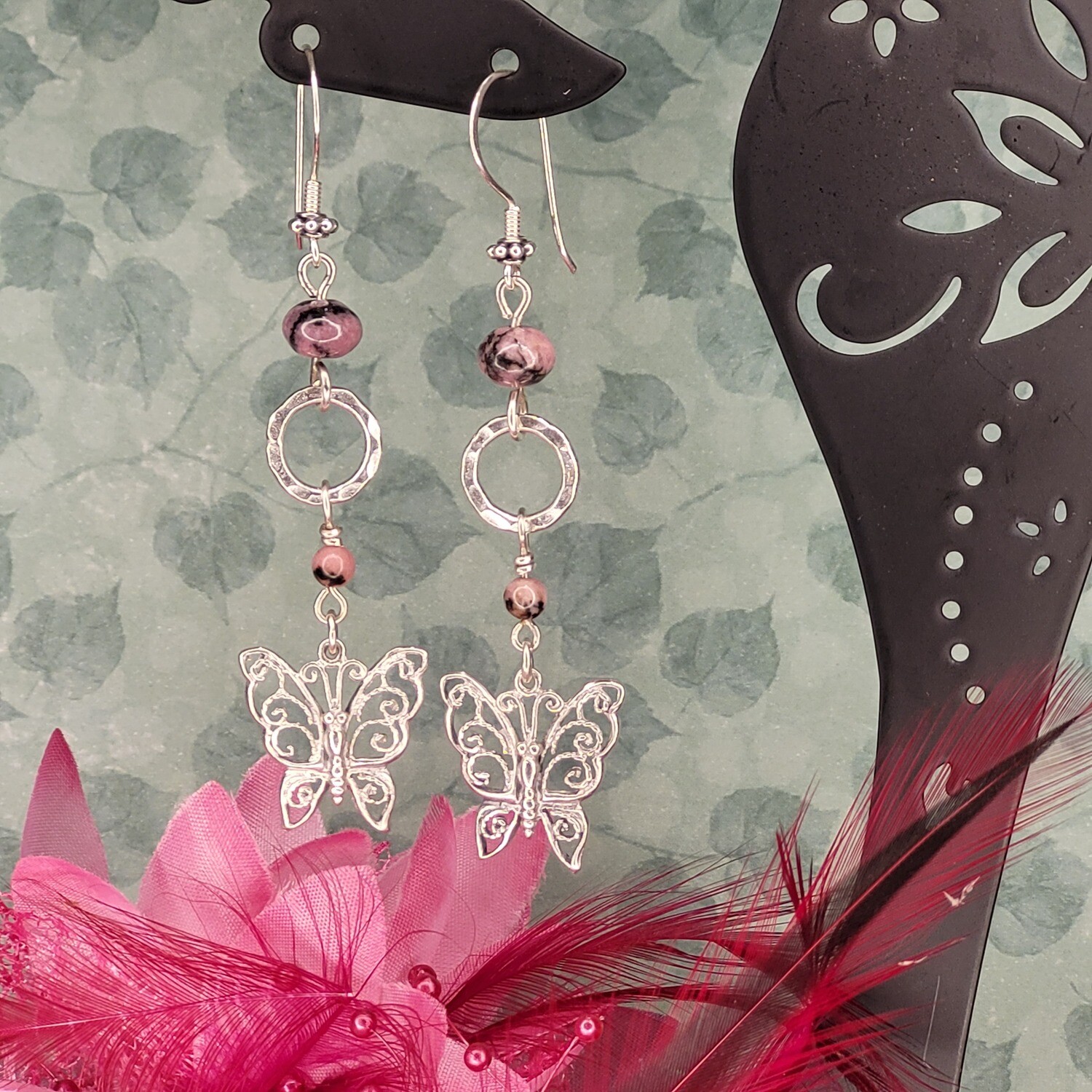 Sterling Silver and Rhodonite Butterfly Earrings