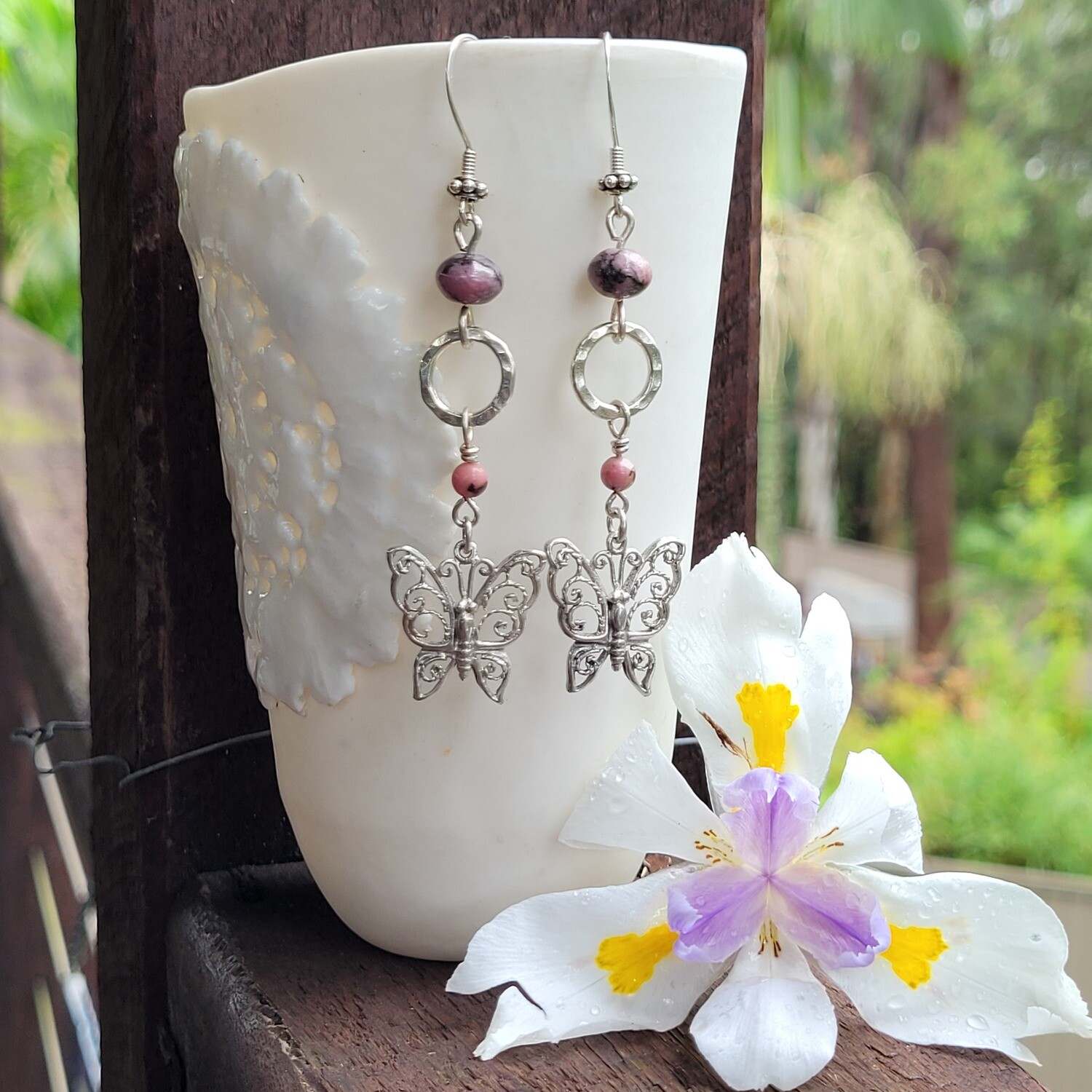 Sterling Silver and Rhodonite Butterfly Earrings