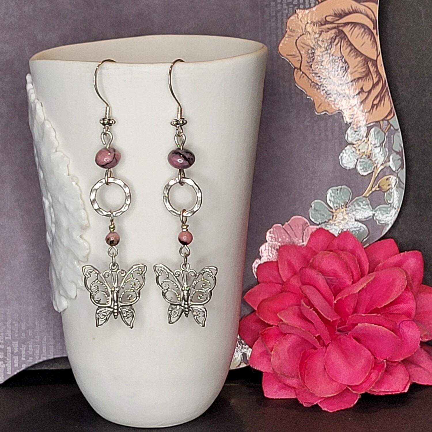 Sterling Silver and Rhodonite Butterfly Earrings