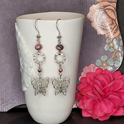Sterling Silver and Rhodonite Butterfly Earrings