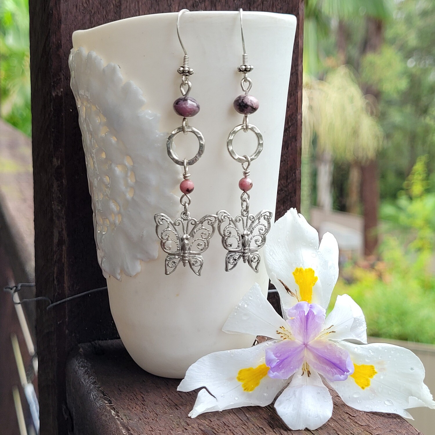 Sterling Silver and Rhodonite Butterfly Earrings