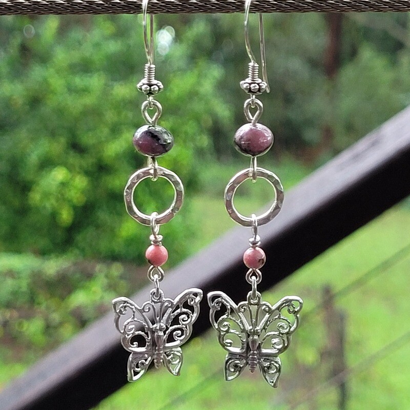 Sterling Silver and Rhodonite Butterfly Earrings