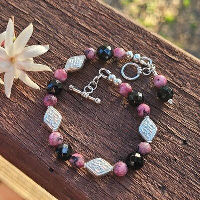 Black Onyx and Rhodonite Sterling Silver Bracelet